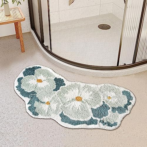 THRILRUG 40''x19'' Green Flower Shaped Curved Bath Rug,Non-Slip Corner Shower Mats Water Absorbent Bathroom Mat,Cute Floral Bathtub Rug Kitchen Plush Fun Bathroom Rugs Machine Washable