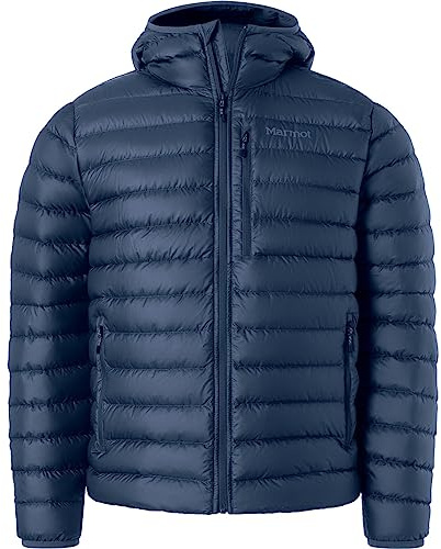 Marmot Highlander Hoody, Veste chaude en duvet, manteau d'hiver isolé à capuche, doudoune respirante, veste d'extérieur légère et empaquetable, coupe-vent, Homme, Arctic Navy, L