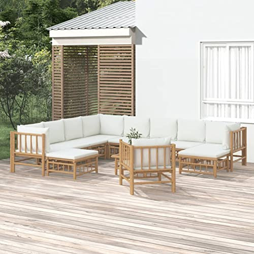 Homgoday Gartenlounge Set 12-TLG. Loungemöbel Gartenlounge Set Garnitur Sitzgruppe Lounge-Set Loungegruppe Gartensofa für Garten Terrasse und Balkon Bambus mit Cremeweißen Kissen
