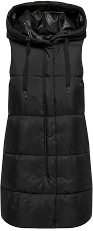 ONLY Damen 3/4-lange Steppweste ONLAsta Puffer Waistcoat mit Kapuze 15300256 Black XXL