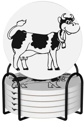 Getränkeuntersetzer mit Halter, weiße und schwarze Kuh, bedruckt, saugfähig, hitzebeständig, Keramik, Steinuntersetzer mit Korkboden, Tischschutzmatte für Tassen, Büro, Küche