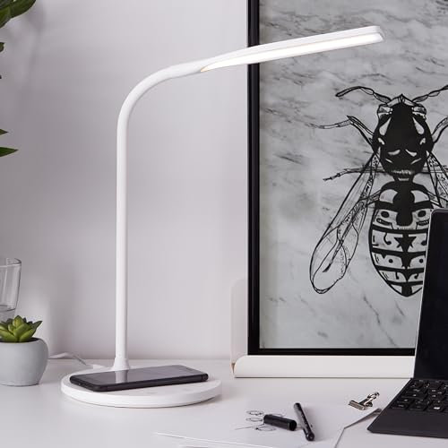 Lightbox Basic LED Schreibtischlampe - 34 cm Höhe - Tischleuchte mit Induktionsladefläche & Touchdimmer & einstellbaren Arm & CCT (3000-5400 K) & Timer - 5 W, 450 lm - aus Kunststoff - in Weiß