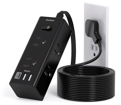 10Ft Extension Cord with Multiple Outlets, Flat Plug Power Strip Surge Protector with 10 Ft Long Cord, 6 Outlet 3 USB Ports (1 USB C), Multi Outlet Wall Plug for Travel, Dorm Room Essentials-Black