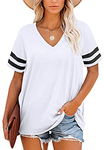 NARRAME Tops para Mujer Camisetas Verano túnica Manga Corta Tops Cuello Pico para Mujer Liso Blanco Small S 34-36