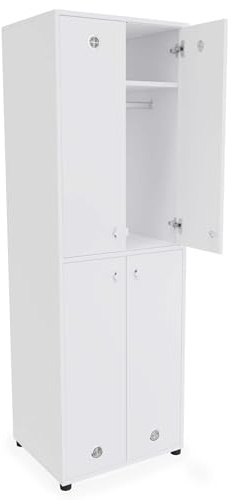 Holzspind Umkleideschrank mit 4 Türen, Spind H183xB60xT50cm, Wertsachenschrank abschließbar, Garderobenschrank 4 Schrankeinheiten, Ablagefach und Kleiderstange (Vorrichtung Vorhängeschloss, Weiß)