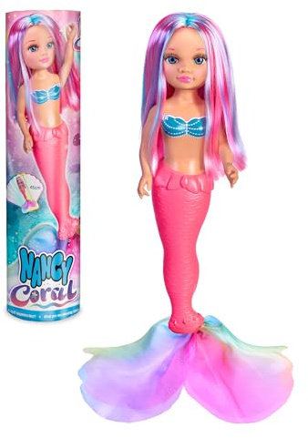 Nancy - Coral Muñeca 100% Sirena, Cola de Sirena Acabada en Tela de Múltiples Colores a Juego con su Melena Larga Multicolor, Muñeca Sumergible en el Agua, Desde 3 Años, Famosa (NAC69000)