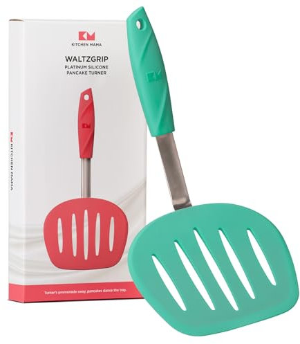 Kitchen Mama WALTZGRIP Pfannenwender aus Platinsilikon: Hitzebeständig, breiter, konischer Kopf mit Schlitzen, Edelstahlkern, langlebig, spülmaschinenfest, zum Wenden von Speisen (Türkis)