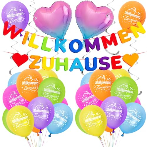 Willkommen Zuhause Deko Set – Herz Folienballons, Luftballons, Girlande, Hängende Wirbel - Ideal für Babyshower, Einweihung & Familienfeiern