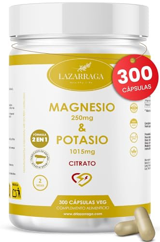 MAGNESIO Y POTASIO ALTA DOSIS | Citrato de Magnesio 250mg + Citrato de Potasio 1000mg PUROS | Apoyo Muscular, Energía y Sistema Nervioso | Reduce el Cansancio | 300 Cápsulas Veganas | Lazarraga