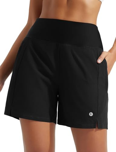 Baleaf, Pantaloncini da bagno da donna, a vita alta, con zip e tasche, per nuoto, surf, corsa, estate, 12,7 cm, Nero , L