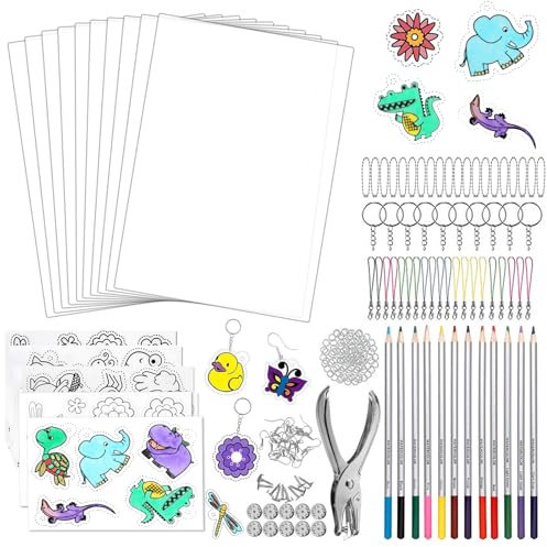 218 Stück Schrumpffolie Set, DIY Originalität Schrumpffolie Set mit A4 Schrumpfpapier A5 Motive Schrumpffolien Buntstifte Locher Schlüsselbundzubehör Perlenschnur für Kid Adult Handwerk Dekorationen