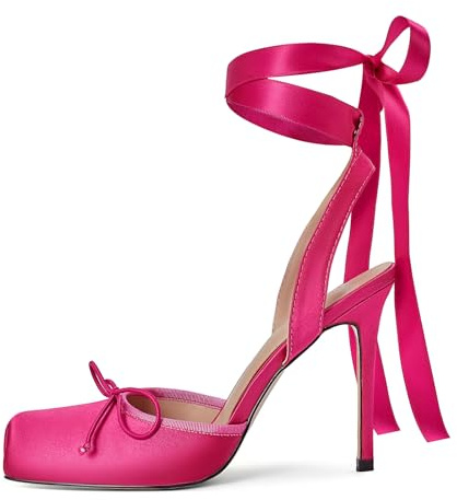 Vertundy Women's Satin Ballet Heels Lace Up Square Toe Stiletto High Bow Ballerina Heels, Pink, 8 UK