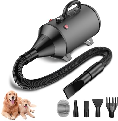 Blanlody Soffiatore per Cani Blower Molto Silenzioso, 5,2 Cv/3800 W | Velocità Regolabile, Ventilatore per la Cura del Cane con 4 Diversi Ugelli, Tubo Elastico e Spazzola per la Cura