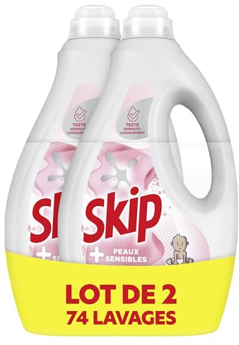 Skip - Lessive Liquide Peaux Sensibles - Contre les taches tenaces - Parfum léger et agréable - Testée dermatologiquement - 2x37 Lavages