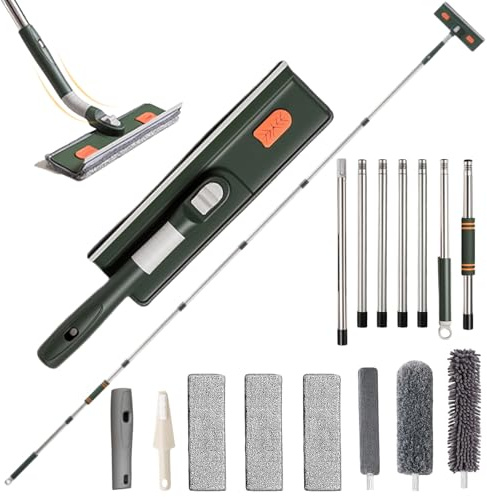 3 Meter Extendable Window Cleaning Set, Extra Long 4-in-1 Window Squeegee Cleaner Tool Kit with Extension Pole, Bendable Head Glass Cleaning Tools with Rotating Head for Indoor/Outdoor Windows