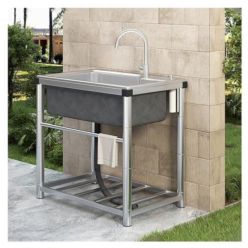Evier Inox 1 Bac, Évier De Jardin Extérieur Portable, Avec Chaud/Froid Robinet Et Support, Pour Cuisines, Jardin, Garage, Waschküche(70 * 46cm/27.6 * 18in)