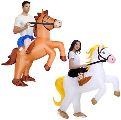 Poptrend Couple Inflatable Horse Costume for Adult, New Ride on Horse Blow Up Costume for Double Men Women Halloween Cosplay Party