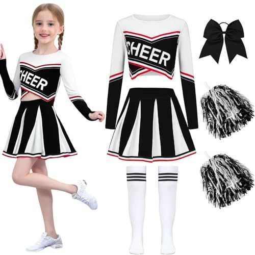 Deguisement Pompom Girl Deguisement Cheerleader avec Pom Poms Nœud Et Chaussettes Costume De Cheerleader Enfant Uniforme de Pom-Pom Girl Pour Carnaval Cosplay Mascarade Halloween FêTe Performance