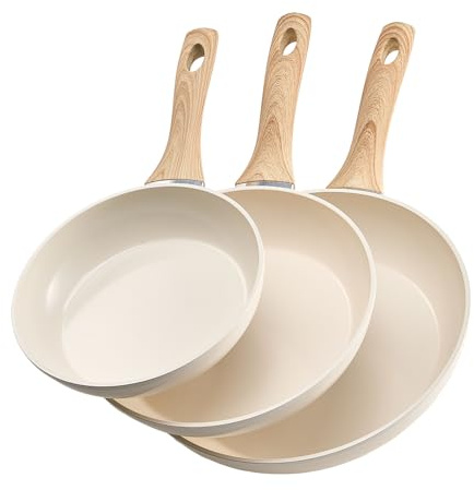 VEVOR Poêle en Aluminium Lot de 3PCs 20/24/28 cm, Sauteuse en Céramique Antiadhésive avec Poignée Résistante à la Chaleur, Ustensiles de Cuisine Restaurant, pour Gaz, Électrique, Induction, Beige