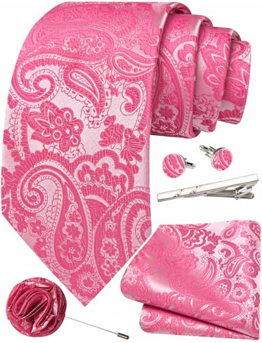 Ailisus Fuchsia Ties for Men Paisley Silk Necktie and Pocket Square Cufflinks Lapel Pin Tie Clip Set Wedding Formal 5PCS