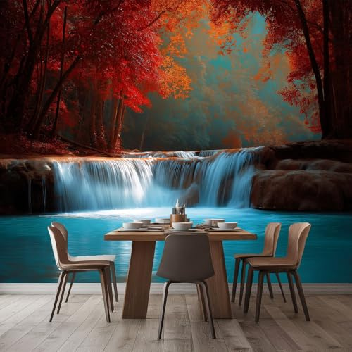 Turquesa Fondo de Pantalla PanoráMica 3d, Naturaleza Bosque Cascada Fotomurales Mural 350 x 256 cm (An x Al) – Decoración de Pared Para Sala Cuarto Oficina y Salón