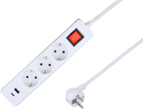 as - Schwabe Steckdosenleiste 3-Fach weiß mit 2 USB-Ports (Typ A & C) | 1,4 m Kabel, 230V/16A/3500W, gedrehte Steckdosen, IP20, beleuchteter Ein-/Aus-Schalter