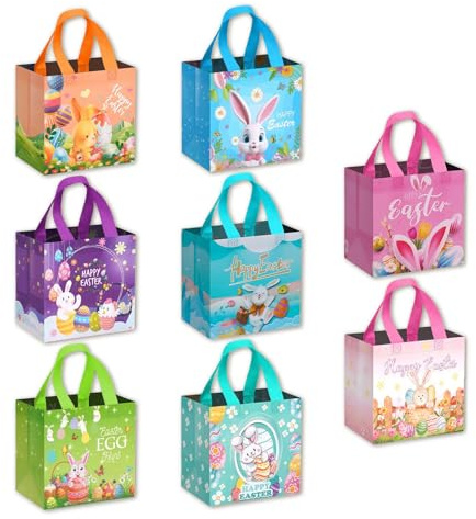 8 Stück Osterkörbchen - Bunte Ostertüten zum Befüllen Hasen Motiv - Taschen mit Griffen Wiederverwendbare Ostertasche für Eiersuche & Geschenke - Party Deko Tüten Vliesstoff für Jungen Mädchen