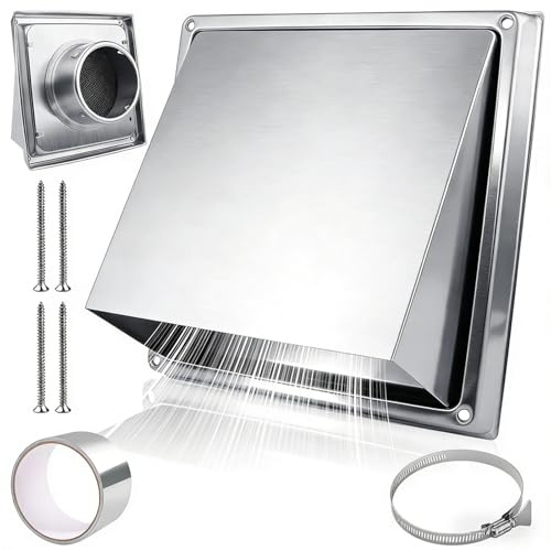 Grille de Ventilation en Acier Inoxydable 100mm avec Clapet Anti-retour et Moustiquaire Grille Aération Extérieur avec Ruban Aluminium et Colliers de Serrage pour Salle de Bain Cuisine Usine