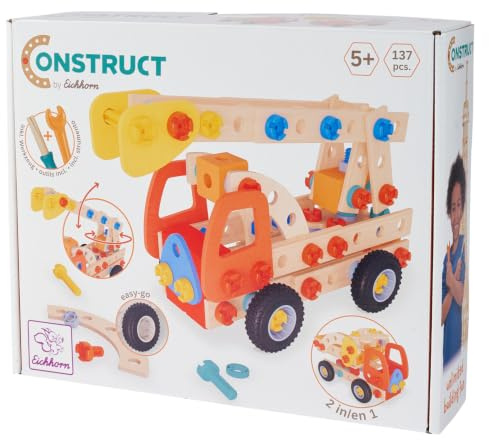 Eichhorn Construct Feuerwehr - 137-teiliges 2-in-1 Konstruktionsspielzeug mit ausfahrbarer Leiter zur Förderung von Motorik, kombinierbar mit Allen Sets, FSC-zertifiziertes Holz, ab 5 Jahren