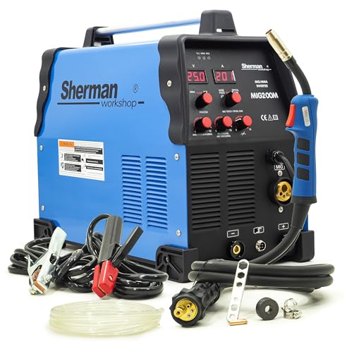 Sherman - Soldadora de gas protector MIG MAG, 200 A, inversor FLUX, 3 en 1, accionamiento de 4 ruedas, soldadura CuSi3, dispositivo de repuesto MIG200M sin accesorios Bestschweissen.de