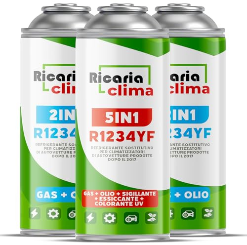 Ricaria Clima - Kit de Recarga de Aire Acondicionado R1234yf – Refrigerante 5 en 1 XL con Aceite, aditivo sellador, colorante UV y Agente deshidratante + 2 x Gas de Recarga R1234yf con Aceite 235 g