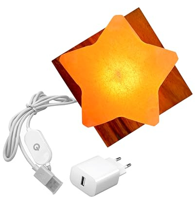 HAF Dimmbare USB Salzlampe STERN Rosa aus Kristallsalz – Handgefertigte Salzkristall LED Deko Lampe mit Holzsockel – Für warmes Licht, entspannte Atmosphäre – Als Tischlampe für Büro & Schlafzimmer