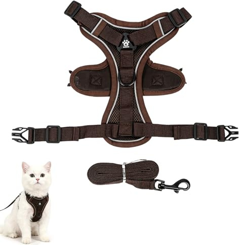 Katzengeschirr mit Leine 150 cm, ausbruchsicher, verstellbar, atmungsaktives Mesh mit reflektierenden Streifen, für Katzen und kleine Hunde, braun