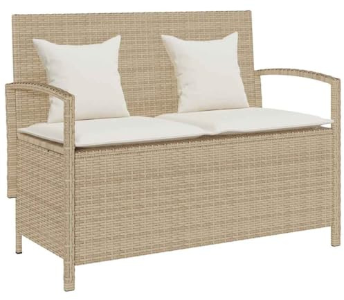HUAKEHOM Gartenbank mit Stauraum und Kissen Parkbank Outdoor-Bank Sitzbank Terrassenbank Außenbank Gartenmöbel Beige Poly Rattan