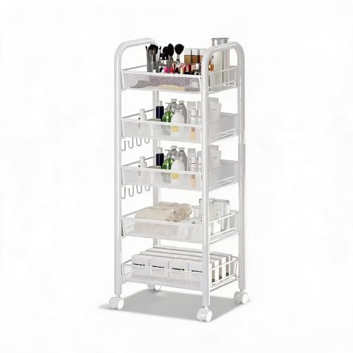 GarveeMore Carrito Almacenaje 5 Niveles Cajones Ruedas Blanco | Acero al carbono resistente con ruedas bloqueables, cajones extraíbles, ideal para cocina, baño, oficina y dormitorio