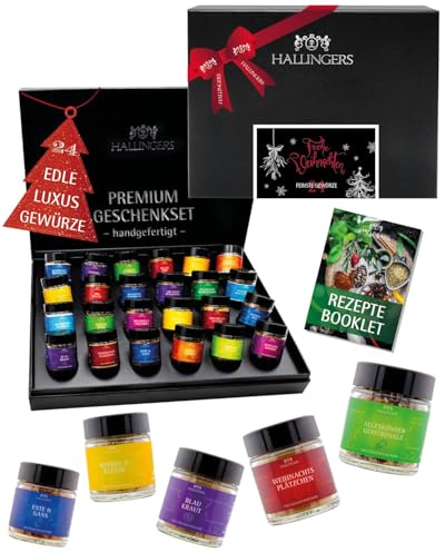 Hallingers Genuss Manufaktur Gewürz Weihnachts-Geschenk-Set - 24 Gewürze aus aller Welt in wertiger Geschenkbox mit Rezept-Booklet Frohe Weihnachten, Weihnachten für Frauen Männer