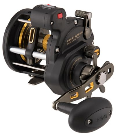 PENN Fathom® II Level Wind, Saltwater Fishing Reel, Conventional Reels, Sea - Nearshore/Lake Fishing, Shore and Kayak Fishing, Unisex, Black Gold, 30LC | Right Hand