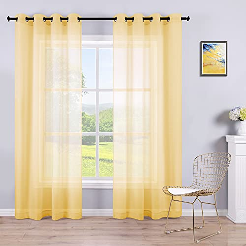 KOUFALL Yellow Curtains 96 Inches Long for Living Room,2 Panel Set Sheer Thin Faux Linen Lightweight Curtains Drapes with Rings at Top,Bright Yellow