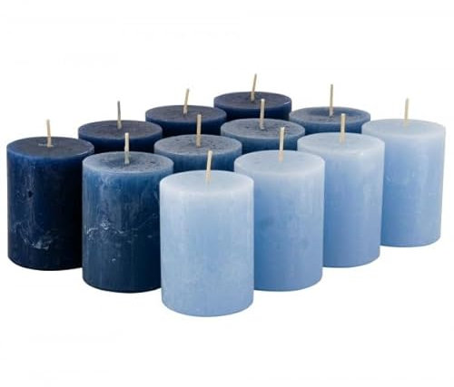 Rustikale Stumpenkerzen – 12 Stück - Wachskerzen/Rustickerzen/Adventskerzen Weihnachten (Blau-Mix, Klein: Höhe 8cm / Ø 6cm)