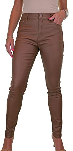 Women's High Waist Leather Look Skinny Jeans Trousers Tan (20)