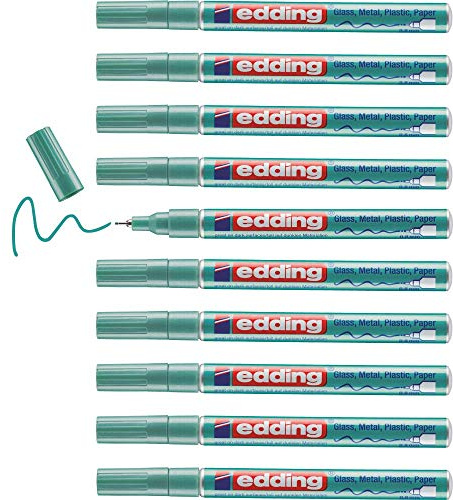 edding 780 Glanzlackmarker - grün-metallic - 10 Lackmarker - extra-feine Rundspitze 0,8 mm - Lackstift für Glas, Stein, Holz, Kunststoff und Papier - wasserfest, stark deckend, sehr dünn