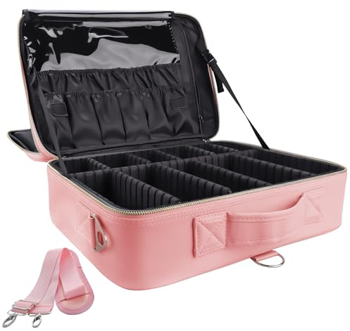 Kosmetiktasche, 3 Lagen Große Kapazität Professionelle PU Leder Make Up Organizer Tasche wasserdichte Reise Portable Artist Schminkkoffer mit Verstellbaren Teilern und Riemen, 16 Pink