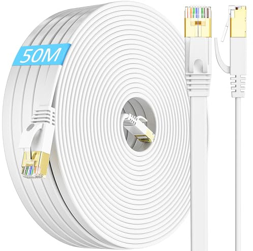 MEIPEK Ethernetkabel 50 Meter Cat 7, Lan Kabel Flach Wlan Kabel 50m, Netzwerkkabel Dünn High Speed Weiß Weiss RJ45 Internetkabel 10Gbps 600MHz Patchkabel Lankabelverlaengerung für Router Modem