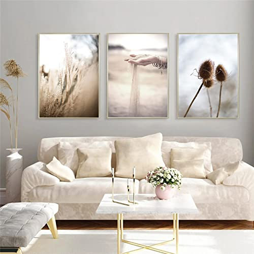 SWECOMZE 3er Moderne Poster Set - Pampas Gras Schilf Beige Natur - Wandbilder Wohnzimmer Deko Schlafzimmer - ohne Rahmen (Stil A,40 x 50 cm)