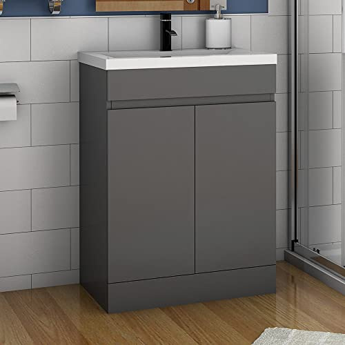 Aica Sanitär Waschbecken mit Unterschrank 50 cm Badmöbel Set mit Waschtisch Mineralguss Gäste WC Anthrazit Matt