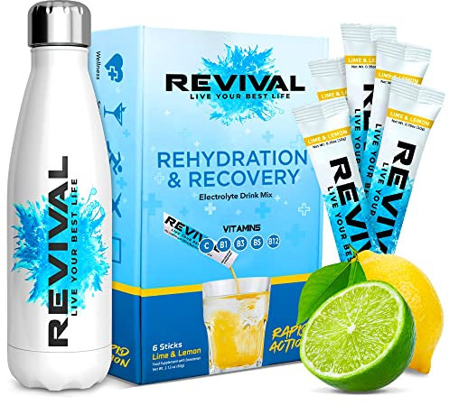 Revival Rapid Rehydration Starter Pack - Botella de Agua de Acero de 500 ml con 1 x 6 Paquetes de Sobres de Polvo de Electrolitos - Limón
