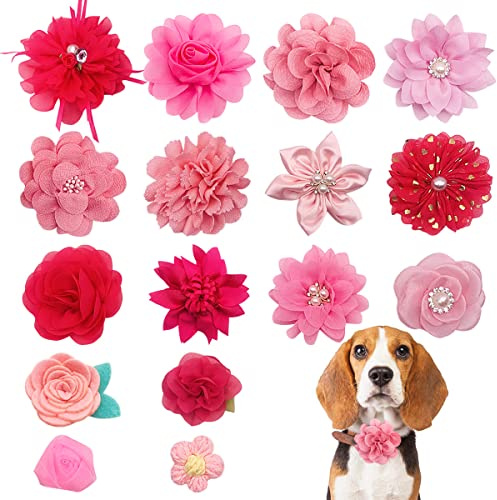 BIPY 16 st hundhalsband blommor och rosetter falska pärlor strass krage berlocker bilder för hundar katter valp liten medium hund vår sommar bröllop födelsedagsfest skötseltillbehör, 4-10 cm