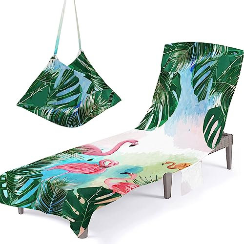 Surwin Sun Lounger Beach Towel with Pockets, Banana Leaf Summer Beach Chair Cover Chaise Lounge Towel Cover Mate Sunbed Towels For Holiday Garden Outdoor Pool (75x210cm,Watercolor)
