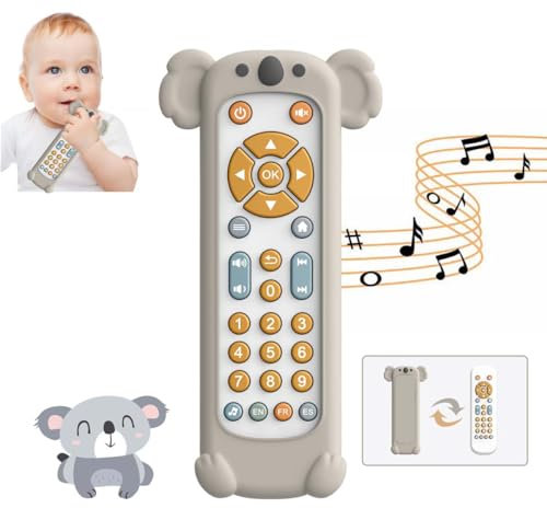KOESMG Baby TV Fernbedienung Spielzeug mit weicher Silikon Beißring Abdeckung, Musikalisches realistisches Spiel Remote Spielzeug mit Licht und Ton, 3-Sprache Spielzeug für 6M+ Jungen und Mädchen