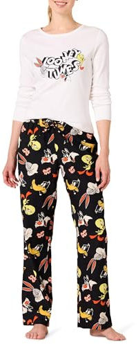 Amazon Essentials Pigiama con Maglia a Maniche Lunghe e Pantaloni in Flanella Leggera Donna, Banda Dei Looney Tunes - Da Donna, M
